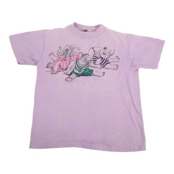 VTG 80s Single Stitch Animals on the Beach Short Sleeve T-Shirt L Light Purple - Picture 1 of 7